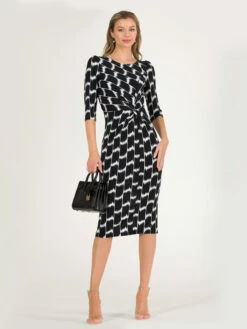 Qyara Jersey Twist Bodycon Midi Dress, Black Geo -DORIA Clothing Shop 836 1627 BlackGeo 1