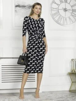 Qyara Jersey Twist Bodycon Midi Dress, Black Geo -DORIA Clothing Shop 836 1627 BlackGeo 5