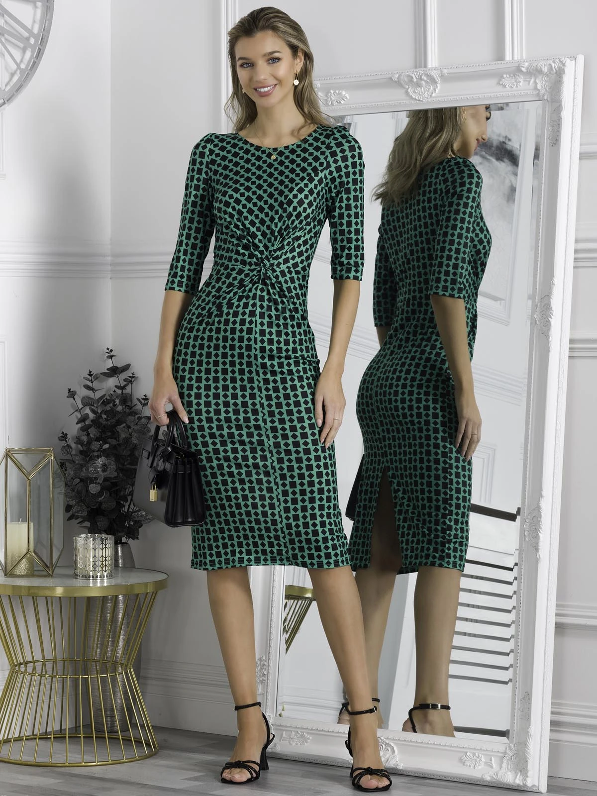 Qyara Jersey Twist Bodycon Midi Dress, Green Geometric 1 Qyara Jersey Twist Bodycon Midi Dress, Green Geometric