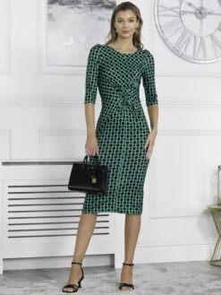 Qyara Jersey Twist Bodycon Midi Dress, Green Geometric 10 Qyara Jersey Twist Bodycon Midi Dress, Green Geometric -DORIA Clothing Shop 836 1627 GreenGeometric 2