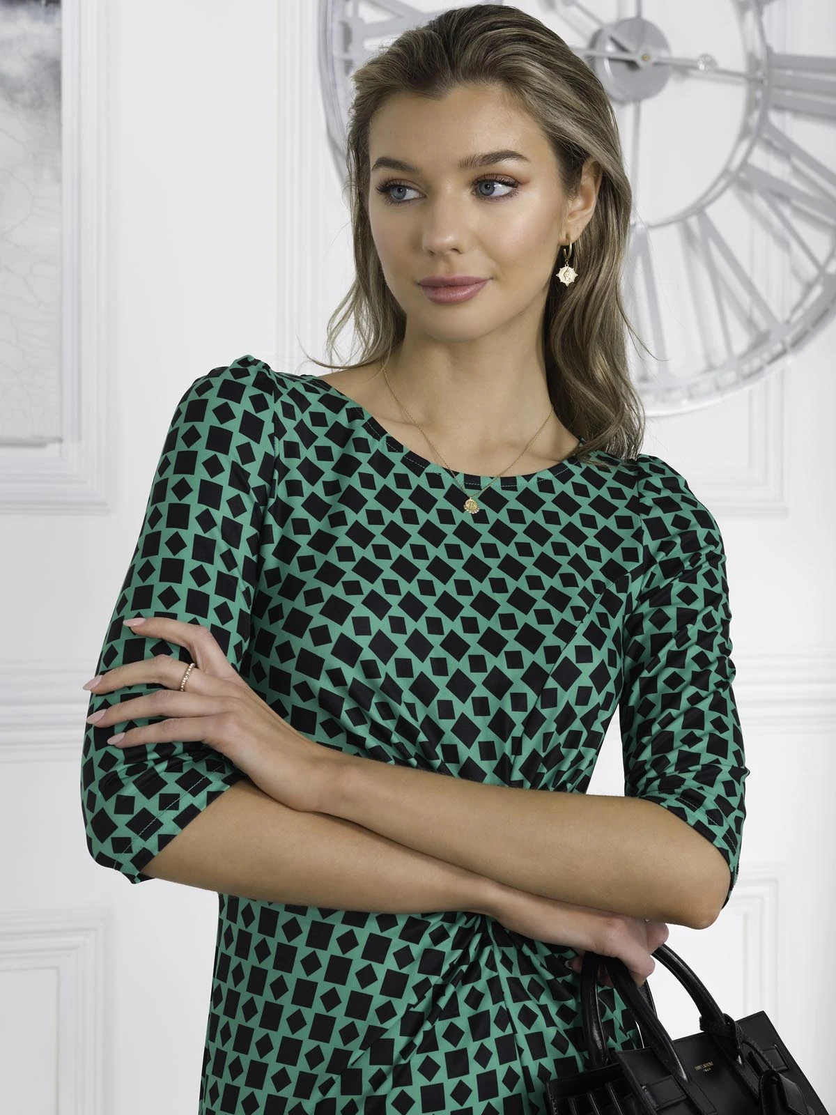 Qyara Jersey Twist Bodycon Midi Dress, Green Geometric 5 Qyara Jersey Twist Bodycon Midi Dress, Green Geometric - Image 5