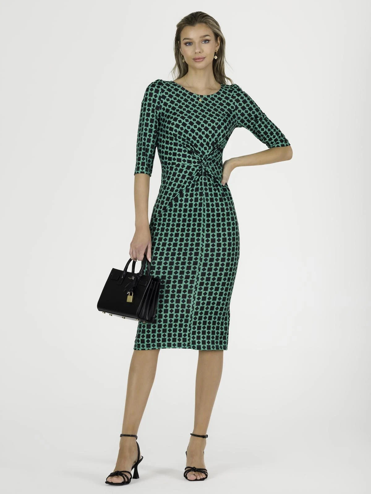 Qyara Jersey Twist Bodycon Midi Dress, Green Geometric 7 Qyara Jersey Twist Bodycon Midi Dress, Green Geometric - Image 7