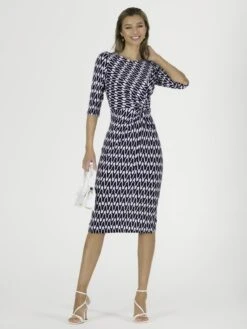 Qyara Jersey Twist Bodycon Midi Dress, Navy Geo -DORIA Clothing Shop 836 1627 NavyGeo 2