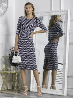 Qyara Jersey Twist Bodycon Midi Dress, Navy Geo -DORIA Clothing Shop 836 1627 NavyGeo 3