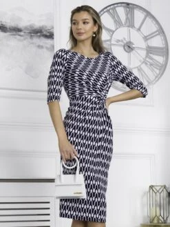 Qyara Jersey Twist Bodycon Midi Dress, Navy Geo -DORIA Clothing Shop 836 1627 NavyGeo 6