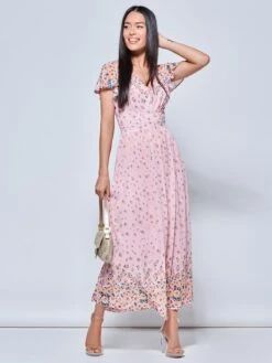 Mirrored Floral Print Mesh Maxi Dress, Pink Multi -DORIA Clothing Shop 8373 133 PinkMulti 4