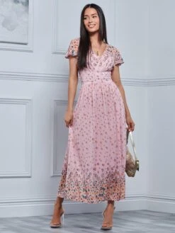 Mirrored Floral Print Mesh Maxi Dress, Pink Multi -DORIA Clothing Shop 8373 133 PinkMulti 5