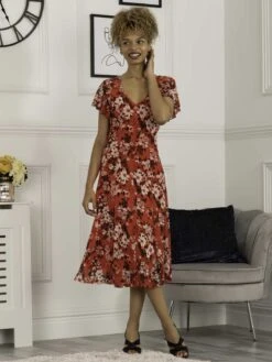 Colette Fit & Flare Mesh Dress, Red Floral -DORIA Clothing Shop 912 5 RedFloral 2