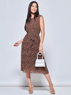 Haniya Spot Print Pleated Chiffon Dress, Taupe 8 Haniya Spot Print Pleated Chiffon Dress, Taupe -DORIA Clothing Shop A106 116 Taupe 5