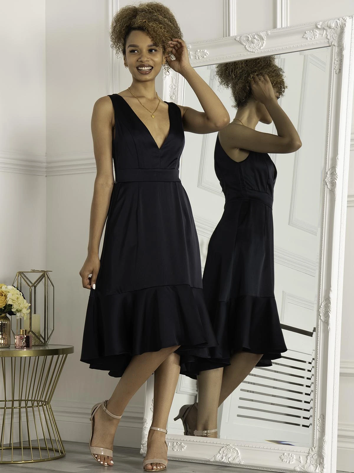 Jolie Moi Annabeth V Neck Flare Dress, Navy 9 Jolie Moi Annabeth V Neck Flare Dress, Navy - Image 9