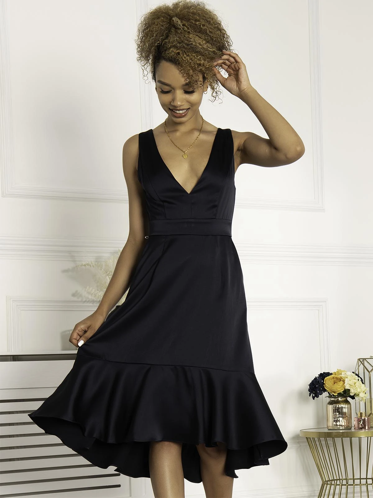 Jolie Moi Annabeth V Neck Flare Dress, Navy 10 Jolie Moi Annabeth V Neck Flare Dress, Navy - Image 10