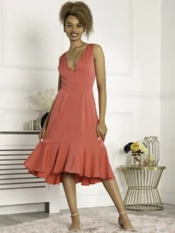 Jolie Moi Annabeth V Neck Flare Dress, Pink -DORIA Clothing Shop A172 5 Pink 2