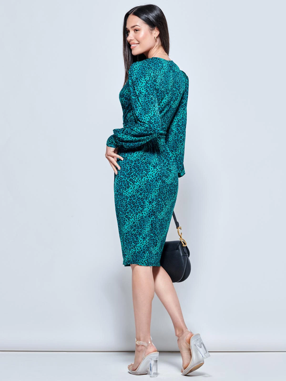 Print Long Sleeve Jersey Work Dress, Green Animal 2 Print Long Sleeve Jersey Work Dress, Green Animal - Image 2