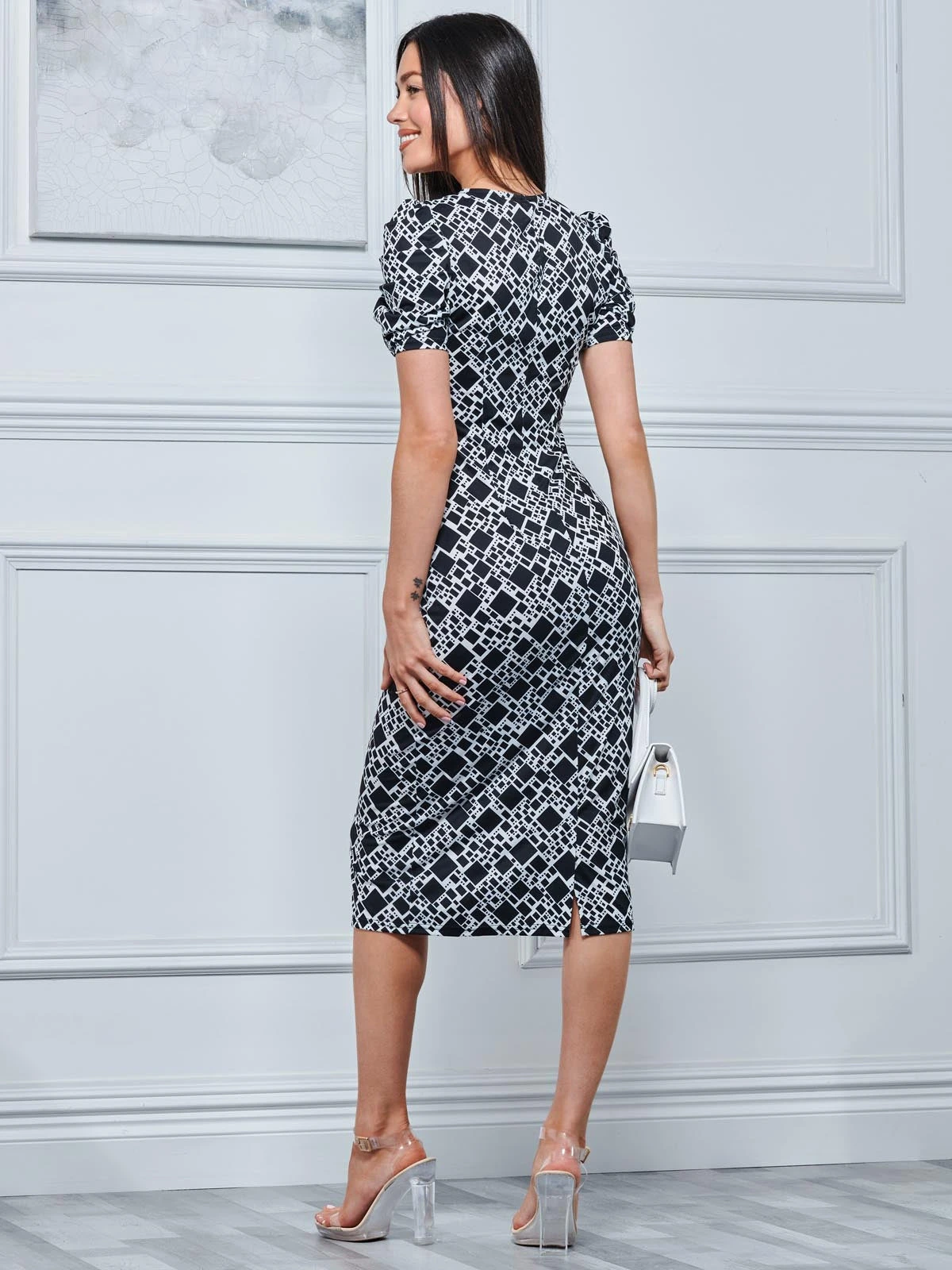 V Neck Bodycon Midi Dress, Black Geo 2 V Neck Bodycon Midi Dress, Black Geo - Image 2