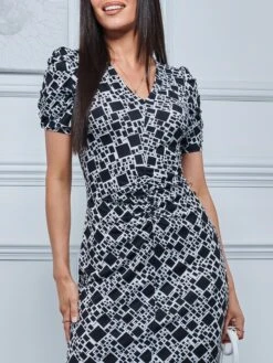 V Neck Bodycon Midi Dress, Black Geo 7 V Neck Bodycon Midi Dress, Black Geo -DORIA Clothing Shop A567 128 BlackGeo 3