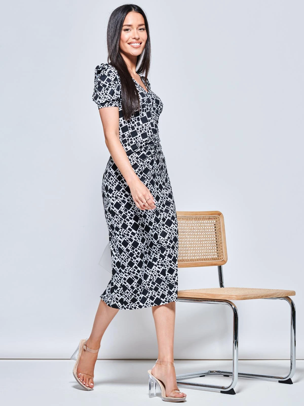 V Neck Bodycon Midi Dress, Black Geo 5 V Neck Bodycon Midi Dress, Black Geo - Image 5