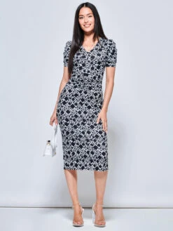 V Neck Bodycon Midi Dress, Black Geo 8 V Neck Bodycon Midi Dress, Black Geo -DORIA Clothing Shop A567 128 BlackGeo 5