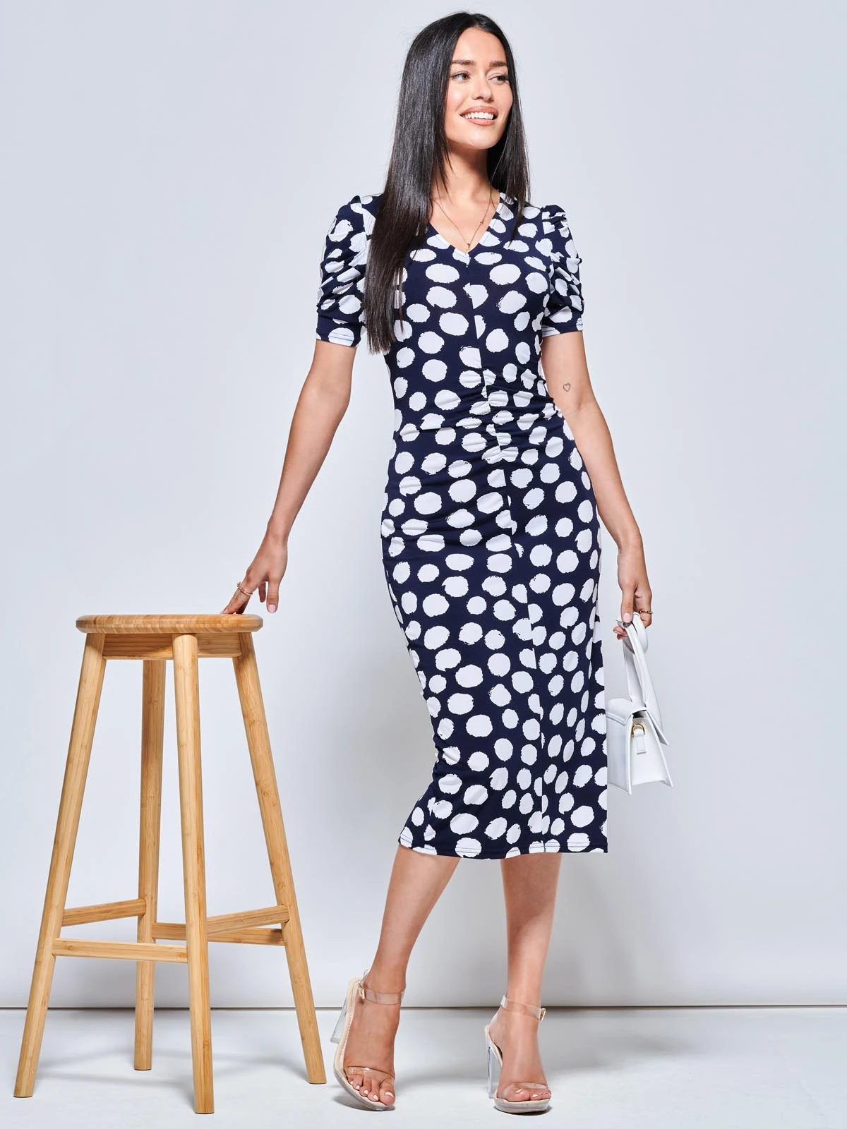 V Neck Bodycon Midi Dress, Navy Spot 4 V Neck Bodycon Midi Dress, Navy Spot - Image 4