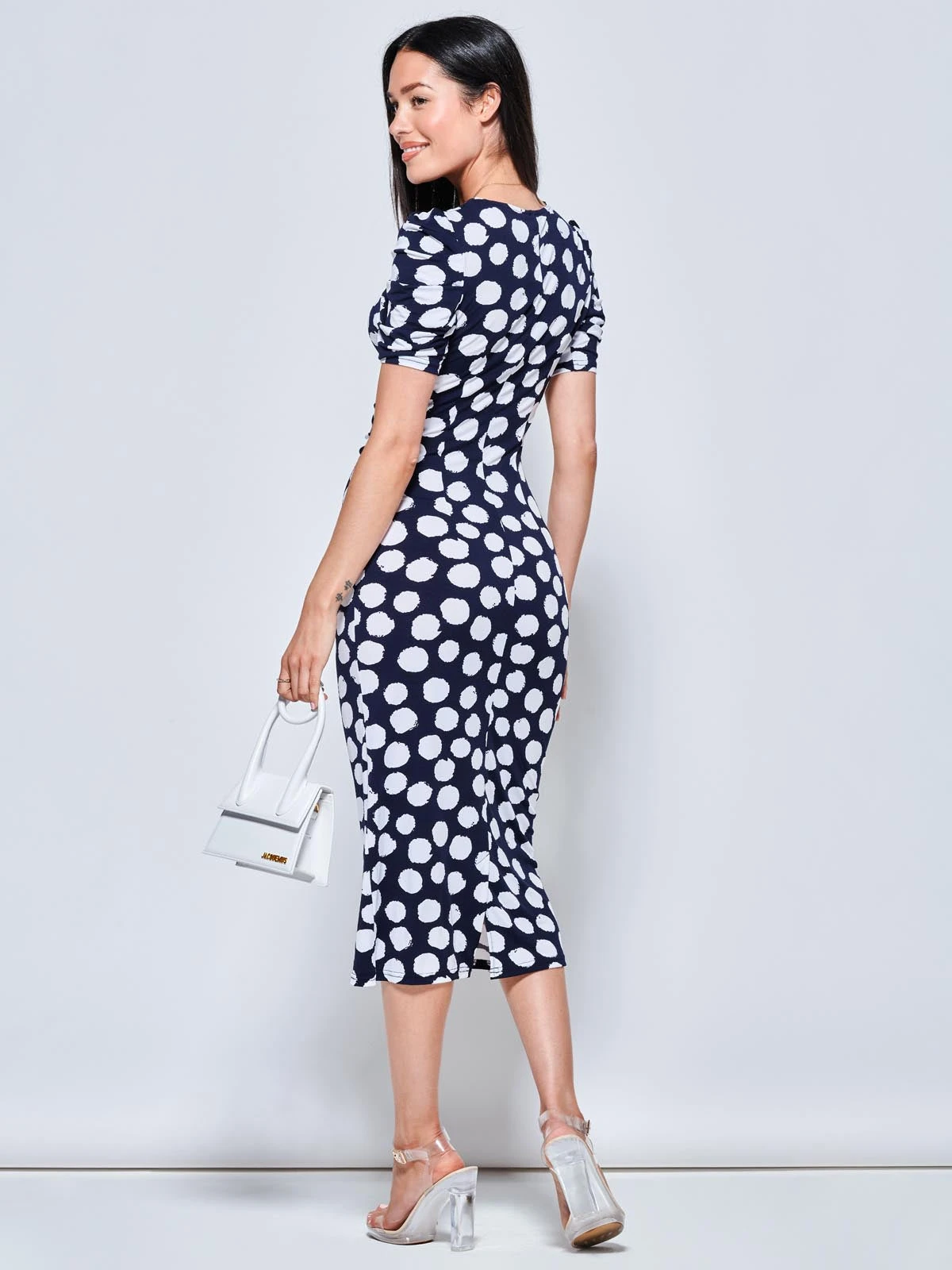 V Neck Bodycon Midi Dress, Navy Spot 2 V Neck Bodycon Midi Dress, Navy Spot - Image 2