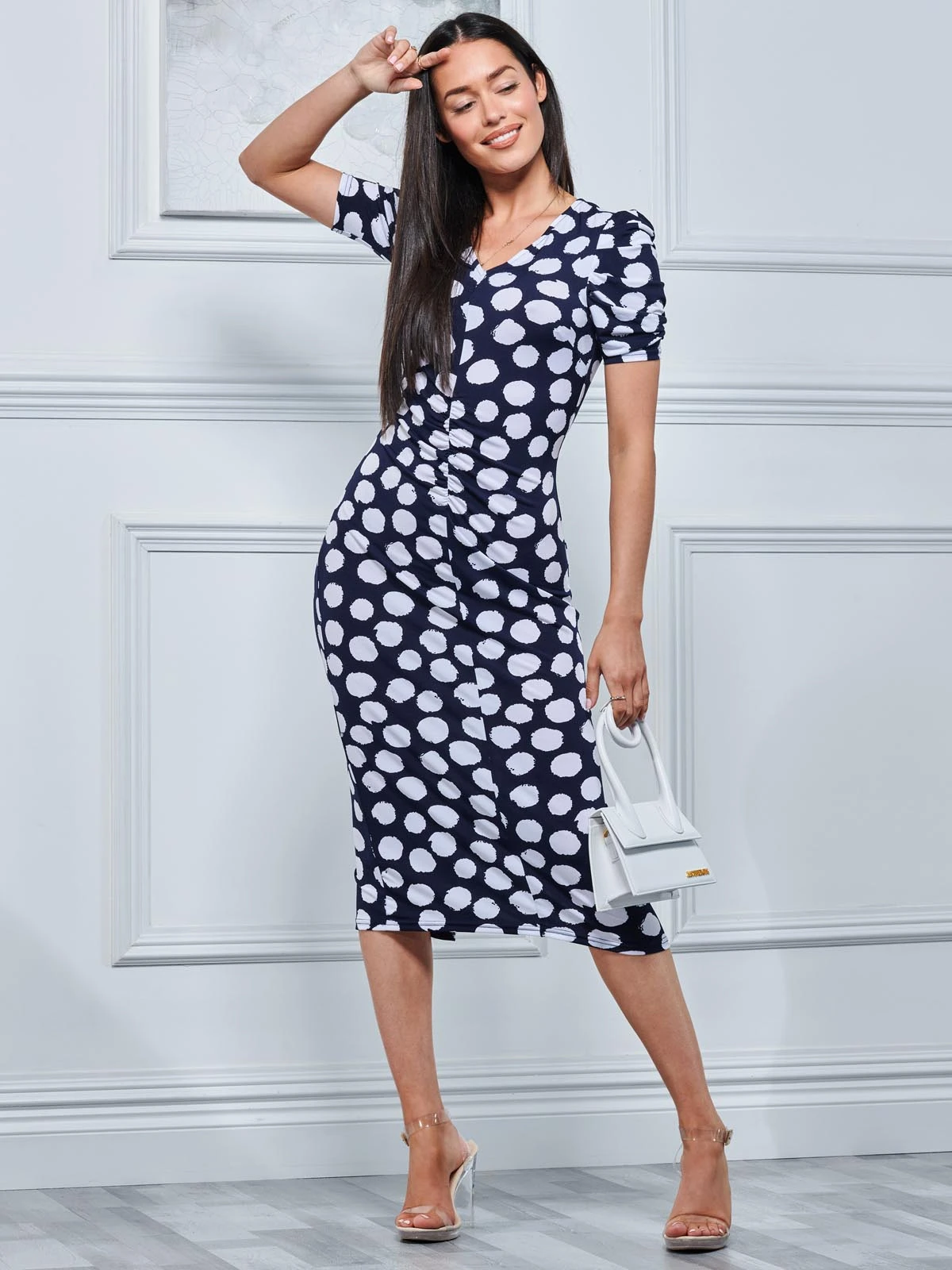 V Neck Bodycon Midi Dress, Navy Spot 1 V Neck Bodycon Midi Dress, Navy Spot