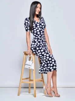 V Neck Bodycon Midi Dress, Navy Spot 9 V Neck Bodycon Midi Dress, Navy Spot -DORIA Clothing Shop A567 128 NavySpot 5