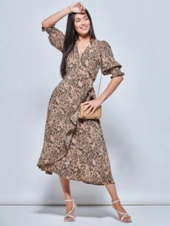 Animal Print Crepe Wrap Midi Dress, Stone 8 Animal Print Crepe Wrap Midi Dress, Stone -DORIA Clothing Shop A5777616 Stone 1