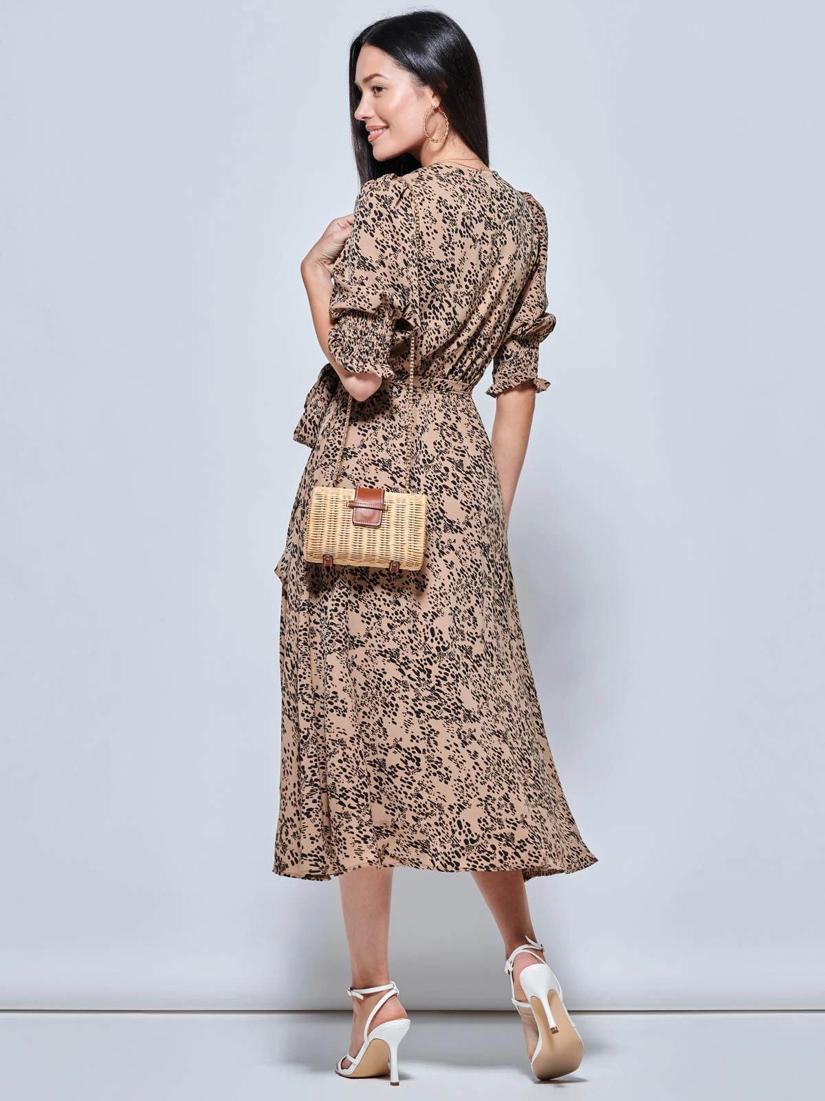 Animal Print Crepe Wrap Midi Dress, Stone 2 Animal Print Crepe Wrap Midi Dress, Stone - Image 2