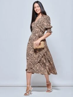 Animal Print Crepe Wrap Midi Dress, Stone 9 Animal Print Crepe Wrap Midi Dress, Stone -DORIA Clothing Shop A5777616 Stone 5