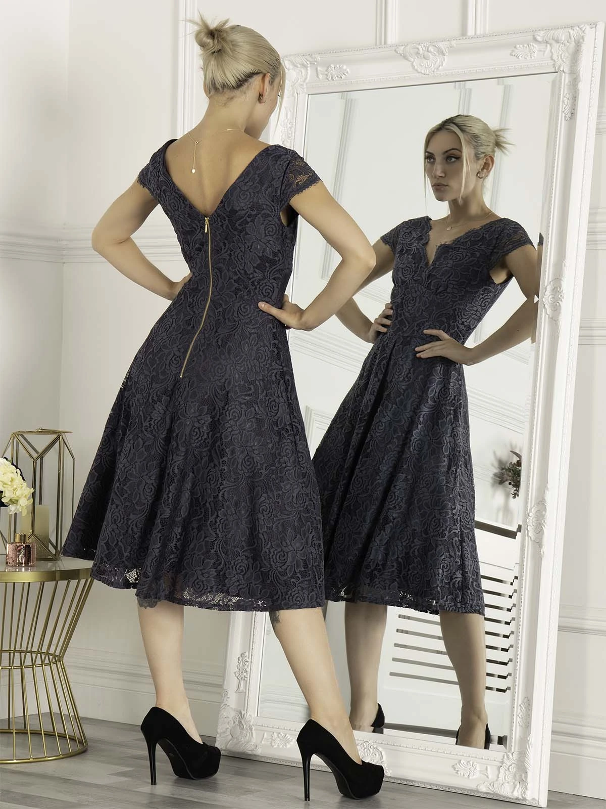 1950s Cap Sleeve Lace Prom Dress, Dark Grey 3 1950s Cap Sleeve Lace Prom Dress, Dark Grey - Image 3