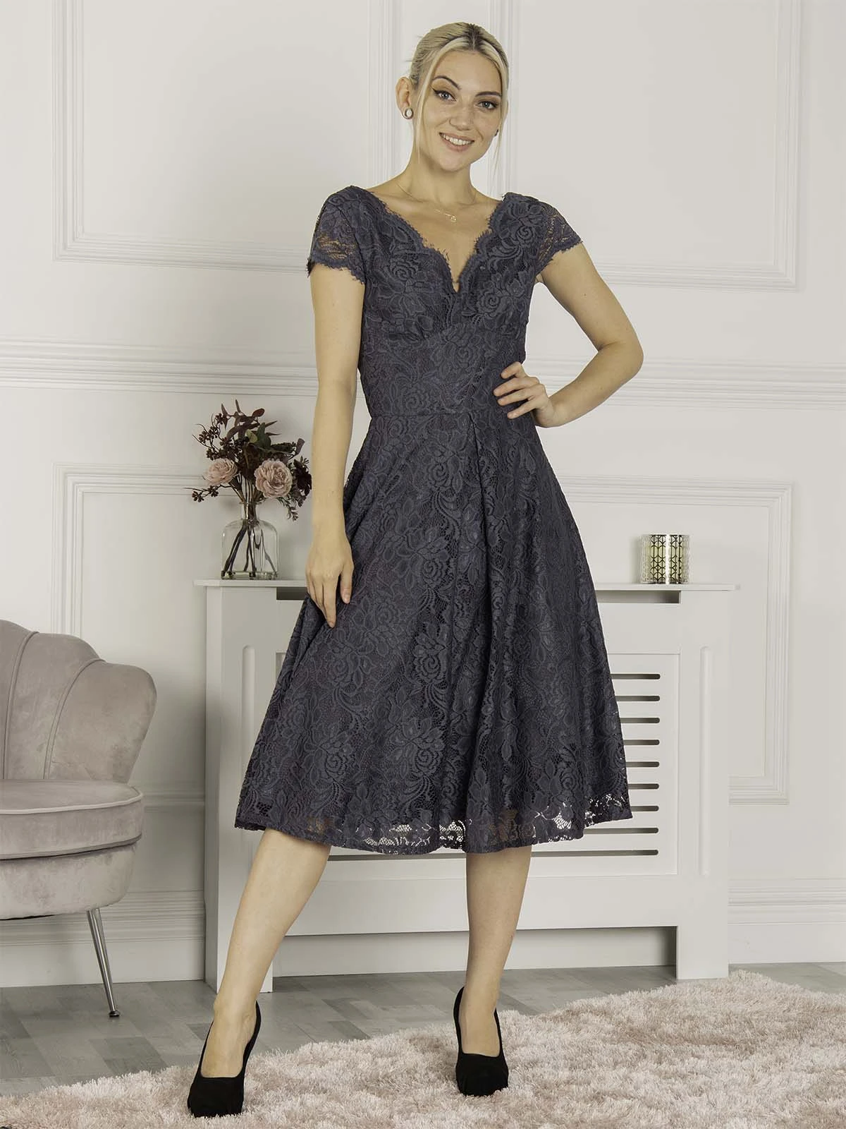 1950s Cap Sleeve Lace Prom Dress, Dark Grey 4 1950s Cap Sleeve Lace Prom Dress, Dark Grey - Image 4