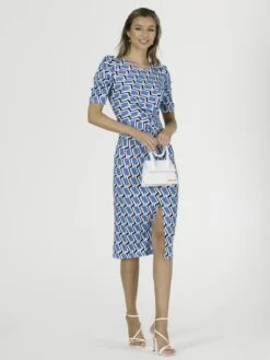 Arica Jersey Puff Sleeve Bodycon Midi Dress, Blue Geo -DORIA Clothing Shop A836 567 BlueGeo 1