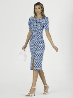 Arica Jersey Puff Sleeve Bodycon Midi Dress, Blue Geo -DORIA Clothing Shop A836 567 BlueGeo 2