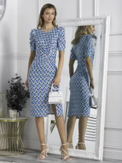 Arica Jersey Puff Sleeve Bodycon Midi Dress, Blue Geo -DORIA Clothing Shop A836 567 BlueGeo 3