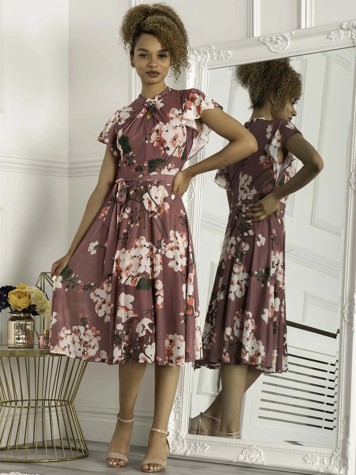 Jolie Moi Luella Key Hole Mesh Dress, Mauve 3 Jolie Moi Luella Key Hole Mesh Dress, Mauve - Image 3