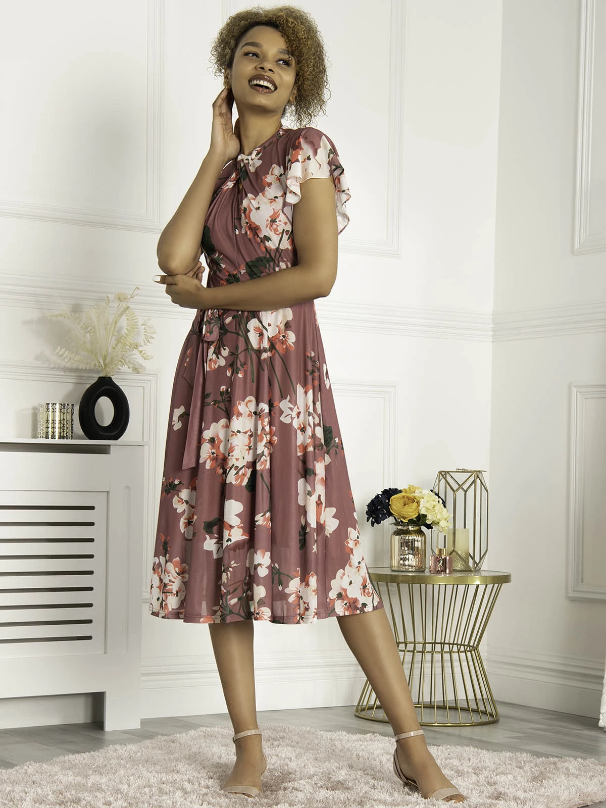 Jolie Moi Luella Key Hole Mesh Dress, Mauve 4 Jolie Moi Luella Key Hole Mesh Dress, Mauve - Image 4