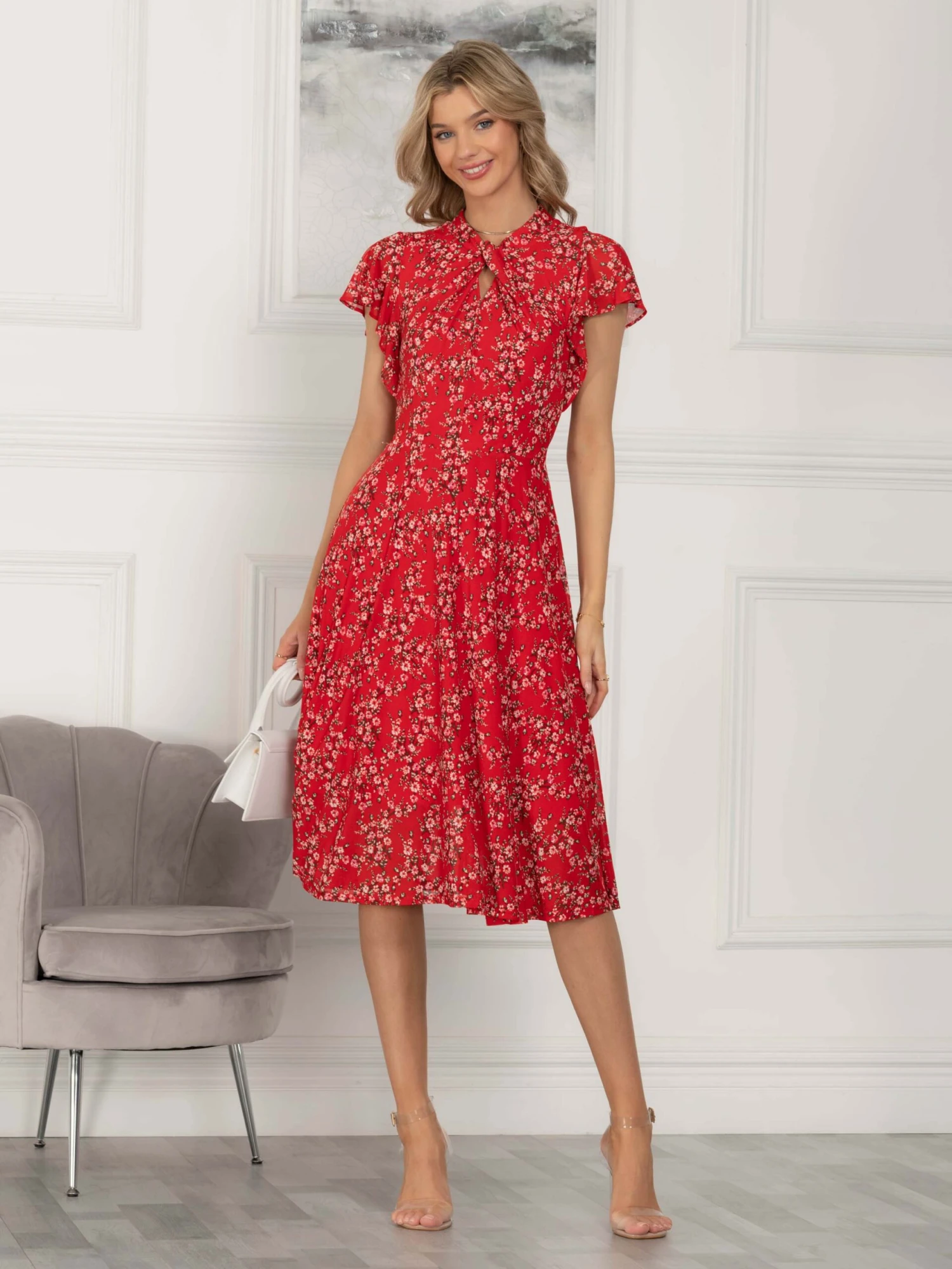 Jolie Moi Luella Floral Print Mesh Dress, Red Floral 4 Jolie Moi Luella Floral Print Mesh Dress, Red Floral - Image 4