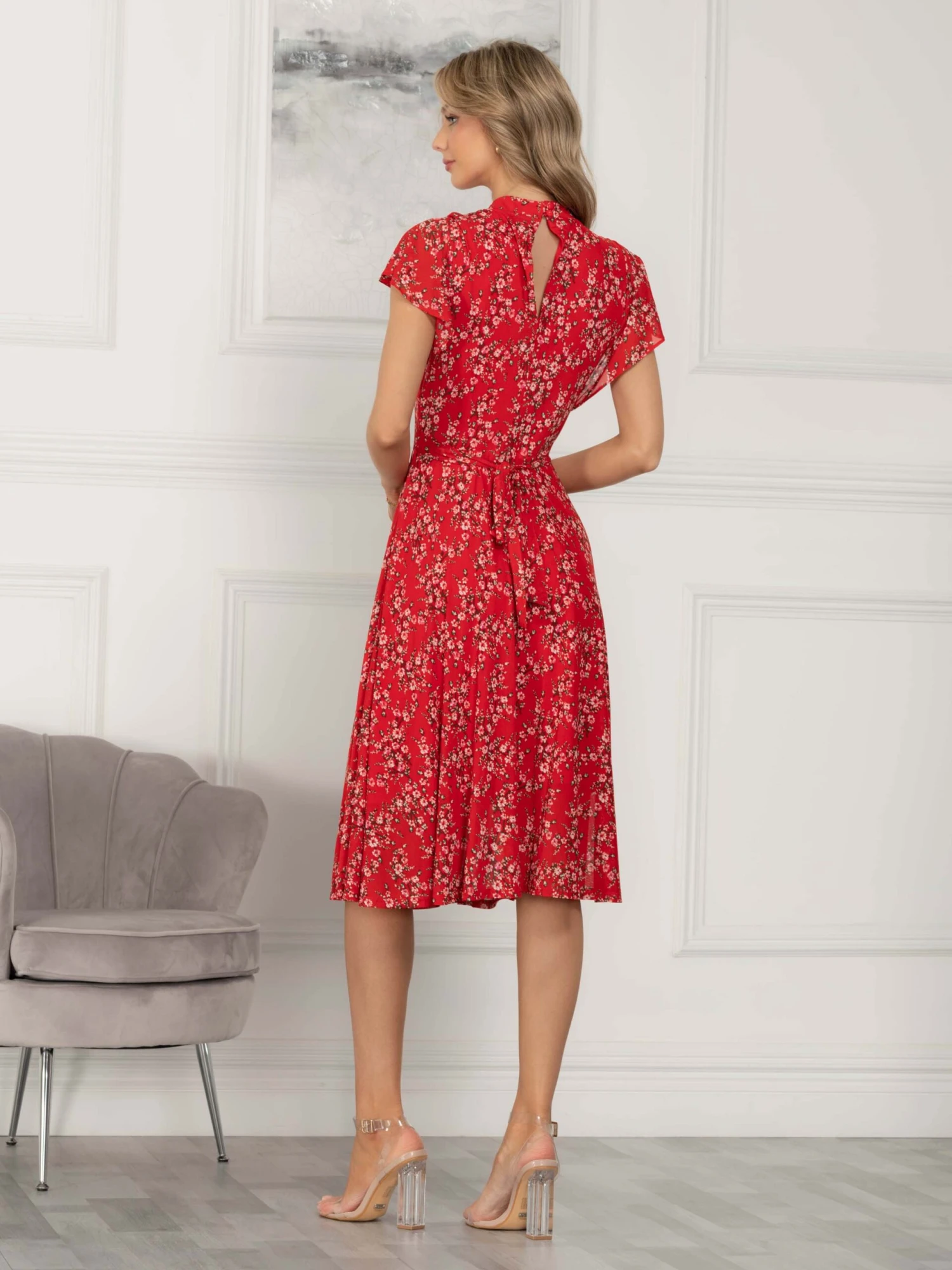 Jolie Moi Luella Floral Print Mesh Dress, Red Floral 2 Jolie Moi Luella Floral Print Mesh Dress, Red Floral - Image 2