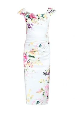 Floral Print Ruched Wiggle Dress, White Floral -DORIA Clothing Shop AL 6486creamfloral 1 39469 bc9765d1 ed33 4881 8ba4 1e86faed14aa