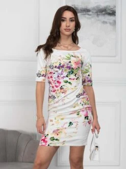 Retro Floral Print Half Sleeve Dress, White Floral -DORIA Clothing Shop ARL 7488 WhiteFloral 5