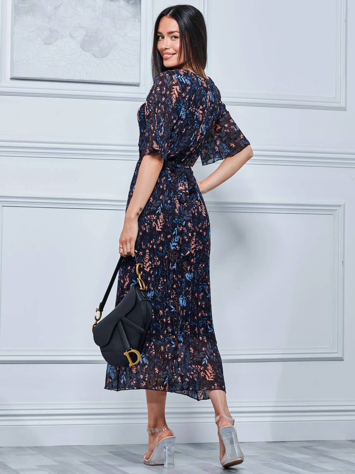 Quida Chiffon Pleated Maxi Dress, Navy Floral 2 Quida Chiffon Pleated Maxi Dress, Navy Floral - Image 2