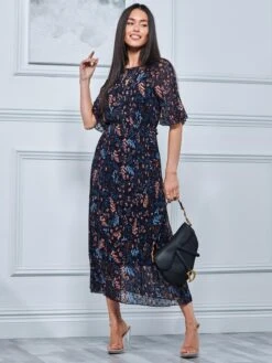 Quida Chiffon Pleated Maxi Dress, Navy Floral 9 Quida Chiffon Pleated Maxi Dress, Navy Floral -DORIA Clothing Shop B106 132 NavyFloral 4