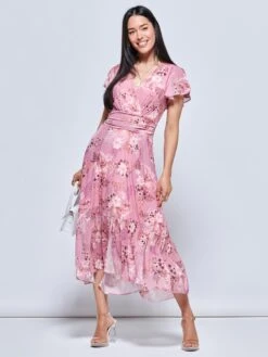 Carleigh Printed Mesh Tiered Maxi Dress, Pink Floral