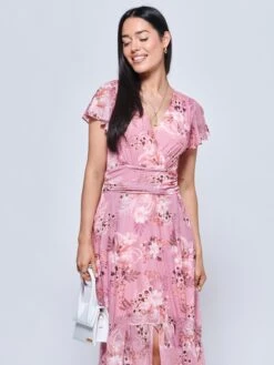 Carleigh Printed Mesh Tiered Maxi Dress, Pink Floral -DORIA Clothing Shop B1331212 Pnkfloral 3