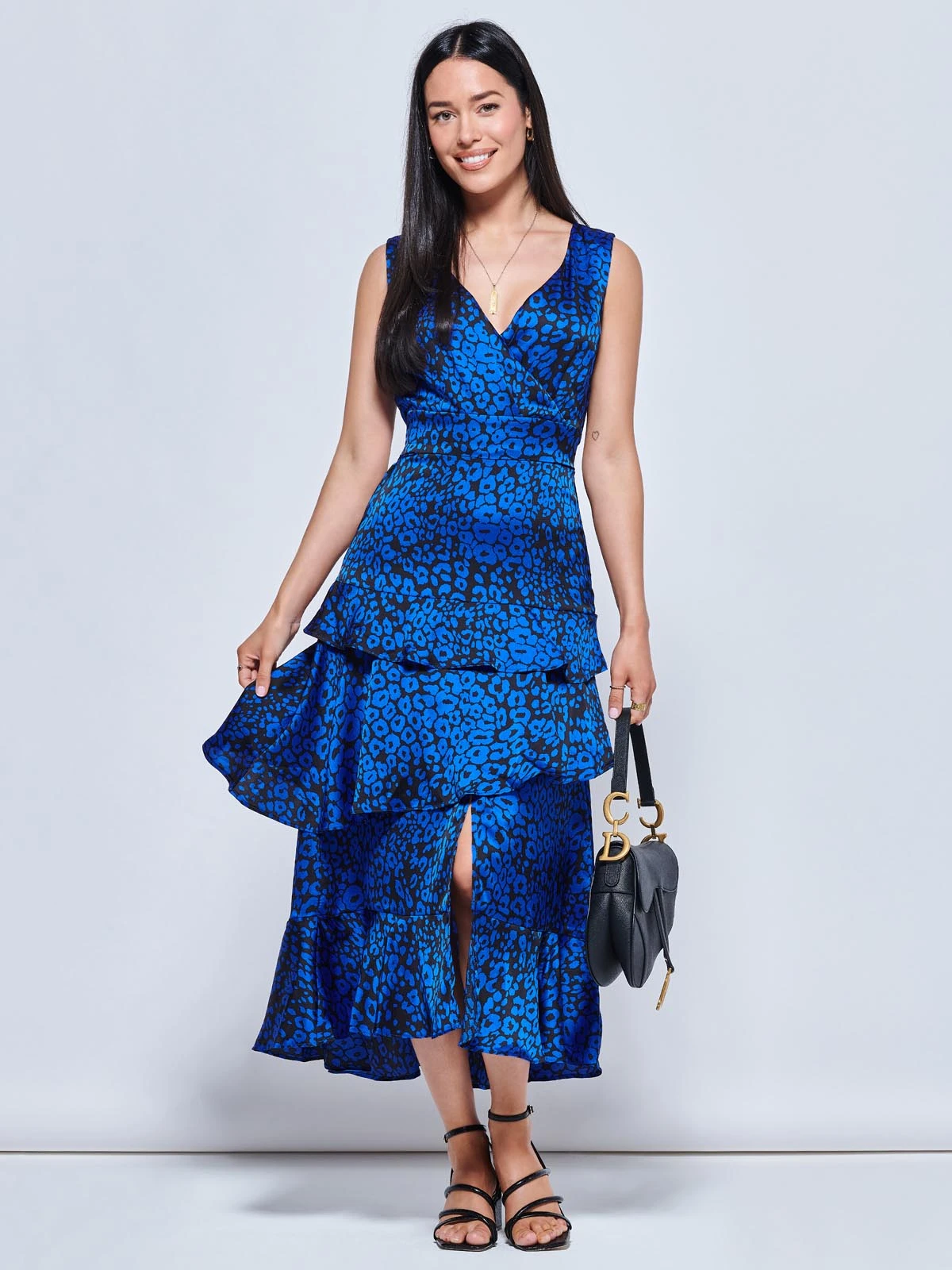 Della Crepe Frill Hem Maxi Dress, Blue Leopard 5 Della Crepe Frill Hem Maxi Dress, Blue Leopard - Image 5