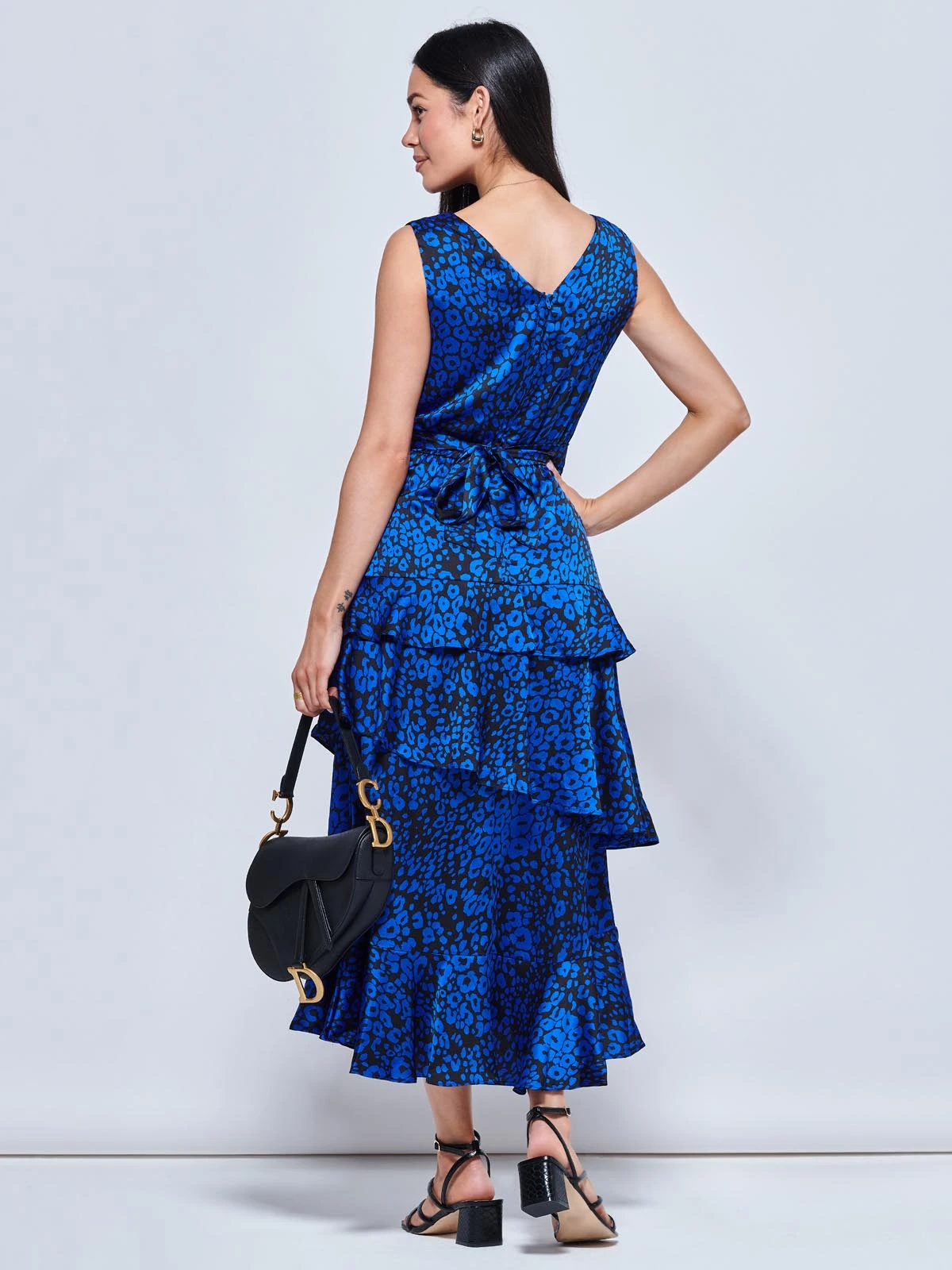 Della Crepe Frill Hem Maxi Dress, Blue Leopard 2 Della Crepe Frill Hem Maxi Dress, Blue Leopard - Image 2