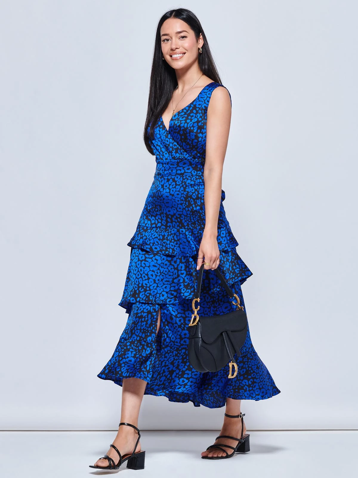 Della Crepe Frill Hem Maxi Dress, Blue Leopard 4 Della Crepe Frill Hem Maxi Dress, Blue Leopard - Image 4