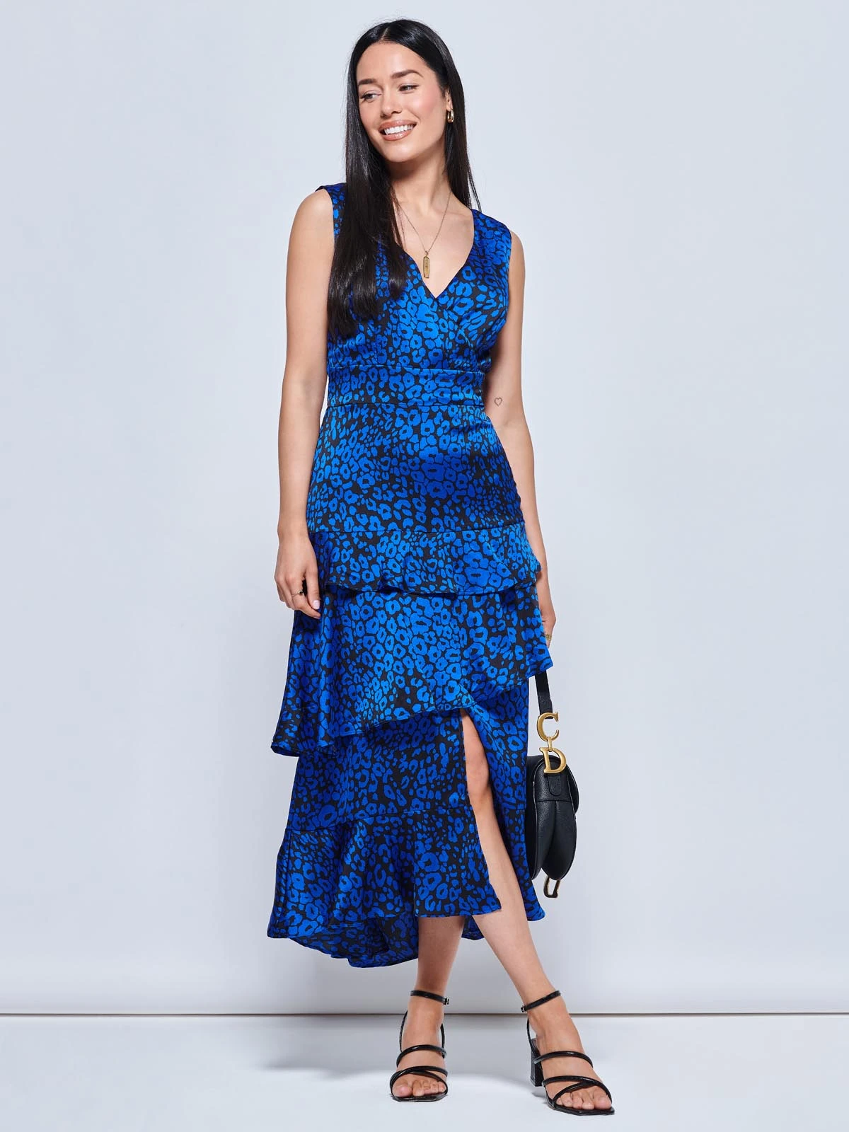 Della Crepe Frill Hem Maxi Dress, Blue Leopard 6 Della Crepe Frill Hem Maxi Dress, Blue Leopard - Image 6