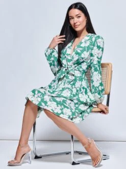 Casey Long Sleeve Tie Front Dress, Green Floral 7 Casey Long Sleeve Tie Front Dress, Green Floral -DORIA Clothing Shop B930 236 Greenfloral 1