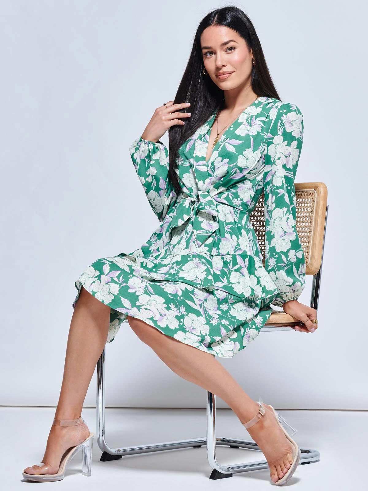 Casey Long Sleeve Tie Front Dress, Green Floral 3 Casey Long Sleeve Tie Front Dress, Green Floral - Image 3