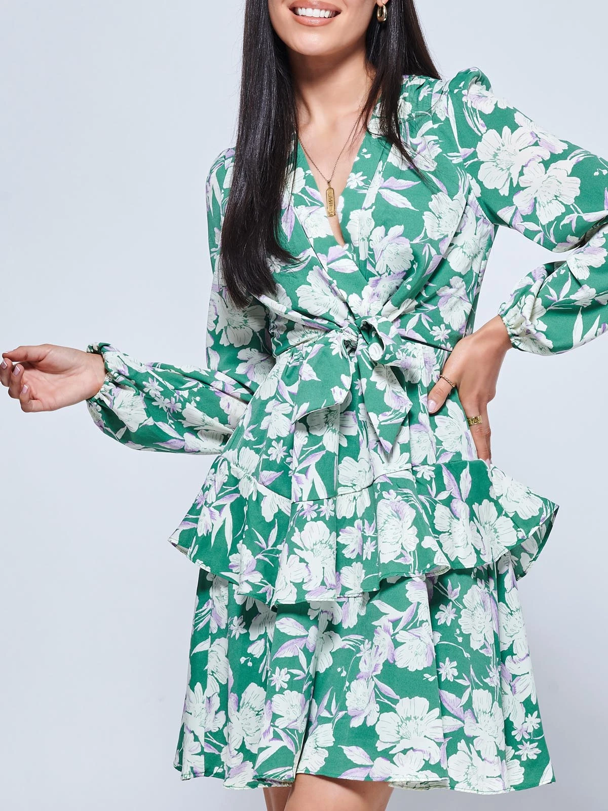 Casey Long Sleeve Tie Front Dress, Green Floral 4 Casey Long Sleeve Tie Front Dress, Green Floral - Image 4